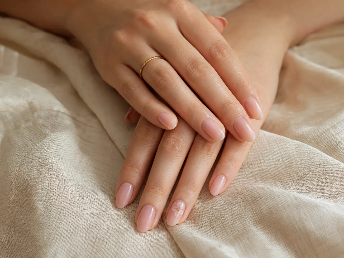 Elegant blush manicure with a delicate floral accent